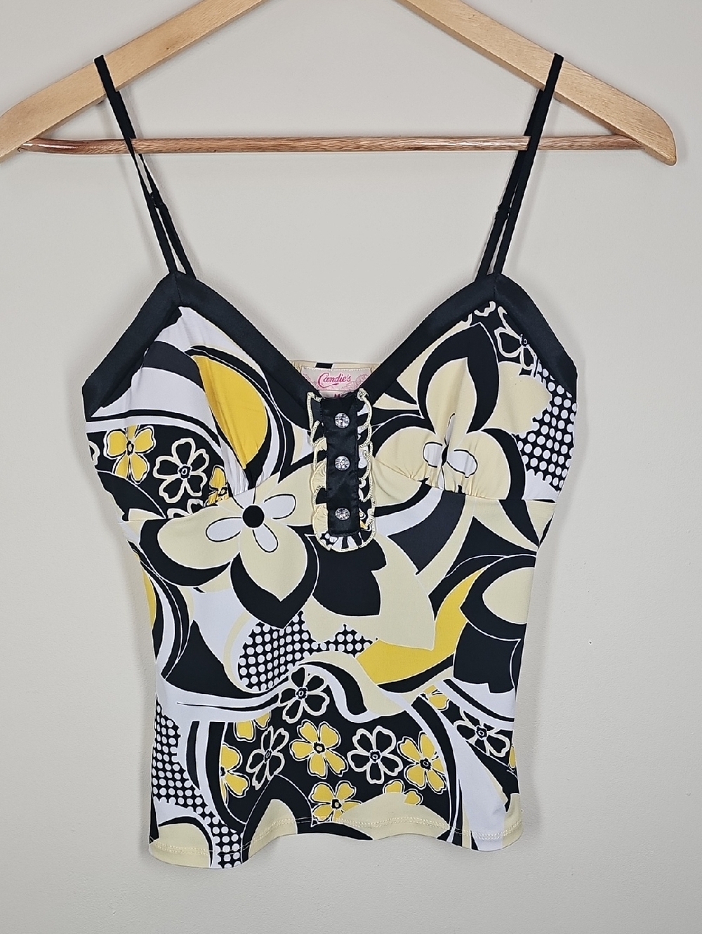 Y2K Vintage Retro Mod Floral Rhinestone Cami Top M Coquette Milkmaid Babydoll